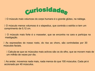 O músculo mais volumoso do corpo humano é o grande glúteo, na nádega.

 O músculo menos volumoso é o stapedius, que controla o estribo e tem um
comprimento de 0,12 cm.

  O músculo mais forte é o masseter, que se encontra na cara e participa na
 mastigação.

 As expressões do nosso rosto, do riso ao choro, são controladas por 30
músculos faciais.

   Calcula-se que os músculos mais activos são os do olho, que se movem mais de
  um milhão de vezes por dia.

 Ao andar, movemos nada mais, nada menos do que 100 músculos. Cada pé é
accionado por 40 músculos.
 