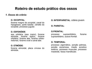 Roteiro de estudo prático dos ossos 1. Ossos do crânio: O. OCCIPITAL :  forame magno do occipital, canal do hipoglosso, parte basilar, côndilo do occipital, processo jugular. O. ESFENÓIDE :  asa orbitária (asa maior), forame etmóide, forame óptico, forame orbitário, forame alar, forame orbito-redondo, forame oval e canal alar. O. ETMÓIDE :  forame etmoidal, placa crivosa do etmóide. O. INTERPARIETAL :  crânio jovem O. PARIETAL : O.FRONTAL :   processo supraorbitário, forame supraorbitário, sutura frontal. O. TEMPORAL :  processo zigomático, porção petrosa, porção escamosa, meato acústico externo, processo muscular, processo mastóide, fossa mandibular. 