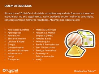 QUEM ATENDEMOS

Atuamos em 20 divisões industriais, acreditando que desta forma nos tornamos
especialistas no seu seguimento, assim, podendo prover melhores estratégias,
consecutivamente melhores resultados. Atuamos nas industrias de:


•   Aeroespaço & Defesa     • Metais & Mineração
•   Agronegócios            • Pequenas e Médias
•   Automotivo                Empresas (PMEs)
•   Bens de Consumo         • Petróleo & Gás
•   Celulose & Papel        • Private Equity
•   Energia                 • Saúde & Farmacêuticos
•   Entretenimento          • Sem Fins Lucrativos
•   Industrias & Serviços   • Serviços Financeiros
•   Infraestrutura          • Tecnologia e
•   Justiça                   Telecomunicações
•   Transportes             • Varejo



                                                           Modeling Your Future™
 