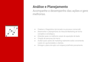 Análise e Planejamento
● Finalizar o Diagnóstico (já iniciado no processo comercial).
● Desenvolver o planejamento do Inbound Marketing de forma
completa e estratégica.
● Entender quais os melhores canais de aquisição de leads.
● Criação de personas da marca.
● Avaliar quais ações de marketing realmente estão convertendo
Leads em oportunidades e clientes.
● Entregar o plano de ação com etapas já definido previamente.
Acompanhe o desempenho das ações e gere
melhorias.
 