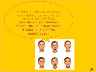 O vídeo ééuma das maneiras mais rápidas de
O vídeo uma das maneiras mais rápidas de
se conectar com seu público-alvo, devido ao
se conectar com seu público-alvo, devido ao
ser humano reter 70% da comunicação
ser humano reter 70% da comunicação
VISUAL eeAUDITIVA combinadas.
VISUAL AUDITIVA combinadas.

 
