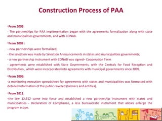 Processo de Construção do PAA
   •A partir de 2003:
   - As parcerias para execução do PAA iniciaram com a formalização de convênios com
governos estaduais, prefeituras municipais e com a CONAB.
   •A partir de 2008 :
    - novas parcerias foram formalizadas;
    - a seleção foi feita por meio de Editais de Seleção de estados e municípios;
    - firmado novo instrumento de parceria com a CONAB – Termo de Cooperação;
    - foi instituída nos convênios com Governos Estaduais as Centrais de Recebimento e
Distribuição dos Alimentos, as quais foram incorporadas nos convênios com Prefeituras
Municipais a partir de 2009.
  •A partir de 2009:
  - foi formatada planilha de acompanhamento da execução dos convênios com Estados e
Municípios com informações detalhadas do público atendido (agricultores e entidades).
    •Em 2011:
    - foi sancionada a Lei 12.512 que estabeleceu novo instrumento de parceria com Estados
e Municípios – Termo de Adesão, instrumento menos burocrático e que permite ampliar o
alcance do Programa.
 