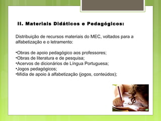 II. Materiais Didáticos e Pedagógicos:
Distribuição de recursos materiais do MEC, voltados para a
alfabetização e o letramento:
•Obras de apoio pedagógico aos professores;
•Obras de literatura e de pesquisa;
•Acervos de dicionários de Língua Portuguesa;
•Jogos pedagógicos;
•Mídia de apoio à alfabetização (jogos, conteúdos);
 