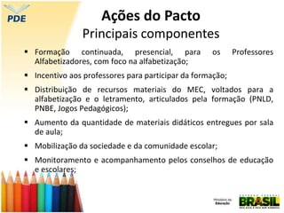  Formação continuada, presencial, para os Professores
Alfabetizadores, com foco na alfabetização;
 Incentivo aos professores para participar da formação;
 Distribuição de recursos materiais do MEC, voltados para a
alfabetização e o letramento, articulados pela formação (PNLD,
PNBE, Jogos Pedagógicos);
 Aumento da quantidade de materiais didáticos entregues por sala
de aula;
 Mobilização da sociedade e da comunidade escolar;
 Monitoramento e acompanhamento pelos conselhos de educação
e escolares;
Ações do Pacto
Principais componentes
 