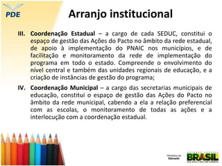 III. Coordenação Estadual – a cargo de cada SEDUC, constitui o
espaço de gestão das Ações do Pacto no âmbito da rede estadual,
de apoio à implementação do PNAIC nos municípios, e de
facilitação e monitoramento da rede de implementação do
programa em todo o estado. Compreende o envolvimento do
nível central e também das unidades regionais de educação, e a
criação de instâncias de gestão do programa;
IV. Coordenação Municipal – a cargo das secretarias municipais de
educação, constitui o espaço de gestão das Ações do Pacto no
âmbito da rede municipal, cabendo a ela a relação preferencial
com as escolas, o monitoramento de todas as ações e a
interlocução com a coordenação estadual.
Arranjo institucional
 