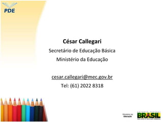 César Callegari
Secretário de Educação Básica
Ministério da Educação
cesar.callegari@mec.gov.br
Tel: (61) 2022 8318
 