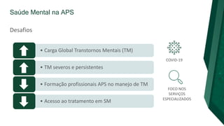 Saúde Mental na APS
Desafios
• Carga Global Transtornos Mentais (TM)
• TM severos e persistentes
• Formação profissionais APS no manejo de TM
• Acesso ao tratamento em SM
COVID-19
FOCO NOS
SERVIÇOS
ESPECIALIZADOS
 