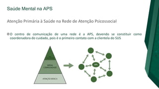 Saúde Mental na APS
Atenção Primária à Saúde na Rede de Atenção Psicossocial
O centro de comunicação de uma rede é a APS, devendo se constituir como
coordenadora do cuidado, pois é o primeiro contato com a clientela do SUS
 