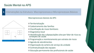 Saúde Mental na APS
Intervenções na Estrutura Macroprocessos e Microprocessos Básicos
1
Macroprocessos básicos da APS:
Territorialização
Cadastramento das famílias
Classificação de riscos familiares
Diagnóstico local
Identificação das subpopulações-alvo por fator de risco ou
condições de saúde
Programação e monitoramento por estratos de riscos
Agenda de atendimentos
Organização da carteira de serviço da unidade
Contratualização das equipes
Educação permanente dos profissionais de saúde
 