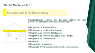 Saúde Mental na APS
Macroprocessos de Atenção Preventiva
4
Macroprocessos relativos aos principais fatores de risco
proximais e aos fatores individuais biopsicológicos:
Programas de atividade física
Programas de reeducação alimentar
Programas de controle do tabagismo
Programas de controle do álcool e outras drogas
Programas de rastreamento
Vacinação
Controle das arboviroses
Prevenção primária, secundária, terciária e quaternária
 