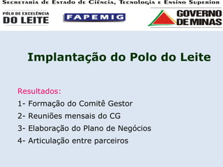 Implantação do Polo do Leite Resultados: 1- Formação do Comitê Gestor 2- Reuniões mensais do CG 3- Elaboração do Plano de Negócios 4- Articulação entre parceiros 