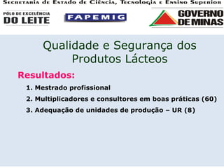 Resultados: 1. Mestrado profissional 2. Multiplicadores e consultores em boas práticas (60) 3. Adequação de unidades de produção – UR (8) Qualidade e Segurança dos Produtos Lácteos 
