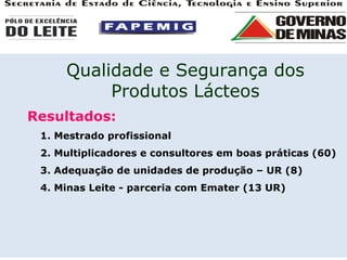 Resultados: 1. Mestrado profissional 2. Multiplicadores e consultores em boas práticas (60) 3. Adequação de unidades de produção – UR (8) 4. Minas Leite - parceria com Emater (13 UR) Qualidade e Segurança dos Produtos Lácteos 