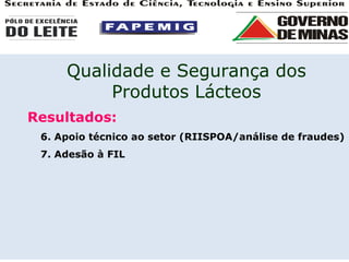 Resultados: 6. Apoio técnico ao setor (RIISPOA/análise de fraudes) 7. Adesão à FIL Qualidade e Segurança dos Produtos Lácteos 