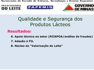 Resultados: 6. Apoio técnico ao setor (RIISPOA/análise de fraudes) 7. Adesão à FIL 8. Núcleo de “Valorização do Leite” Qualidade e Segurança dos Produtos Lácteos 