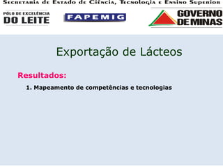 Resultados: 1. Mapeamento de competências e tecnologias Exportação de Lácteos 