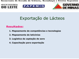 Resultados: 1. Mapeamento de competências e tecnologias 2. Mapeamento de laticínios 3. Logística da captação do soro 4. Capacitação para exportação Exportação de Lácteos 