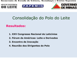 Resultados: 1. XXV Congresso Nacional de Laticínios 2. Fórum da Américas: Leite e Derivados 3. Encontro de Inovação 4. Reunião dos Dirigentes do Polo Consolidação do Polo do Leite 