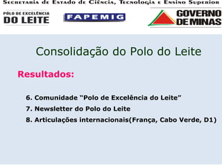 Resultados: 6. Comunidade “Polo de Excelência do Leite”  7. Newsletter do Polo do Leite 8. Articulações internacionais(França, Cabo Verde, D1) Consolidação do Polo do Leite 