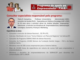 Consultor especialista responsável pelo programa:
Pedro R. Campolino, Professor Universitário; Administrador (UBC);
consultor de Gestão (PUC); Especialista em Política e Estratégia (USP e ESG),
há 26 anos sócio e consultor sênior da Análise Soluções Empresariais;
Palestrante e instrutor nas disciplinas de Emprendedorismo; Administração
Estratégica, Economia, Finanças e Marketing.
Experiência na área:
• Consultor e instrutor do Sebrae Nacional , SP, PR e PE;
• Instrutor /facilitador do Curso “Como Elaborar um Plano de Negócios” do Sebrae/SP;
• Consultor do Programa SEBRAE MAIS do Sebrae Nacional;
• Consultor do Programa 10.000 Women da Fundação Getúlio Vargas – FGV e do Banco
Goldman Sachs;
• Ministrou mais de 500 cursos empresariais para o Sistema Sebrae;
• Mais de 10.000 horas de experiência em tutoria de cursos EaD para empresários e
empreendedores;
• Ministrou a disciplina de empreendedorismo do SEBRAE/SP para docentes das
Universidades USP e UNESP.
 