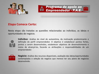 Etapa Comece Certo:
Nesta etapa são tratadas as questões relacionadas ao indivíduo, as ideias e
oportunidades de negócio.
Indivíduo: Análise do nível de autoestima, da motivação predominante e
definição do perfil empreendedor. O objetivo é estabelecer pontos fortes,
pontos a serem desenvolvidos, estabelecer objetivos de desenvolvimento e
meios de alcançá-los, focando as atribuições e responsabilidades de um
empreendedor.
Negócio: Análise dos recursos disponíveis, avaliação das ideias/oportunidades
contempladas e seleção do negócio que merece ter seu plano de negócios
desenvolvido.
 