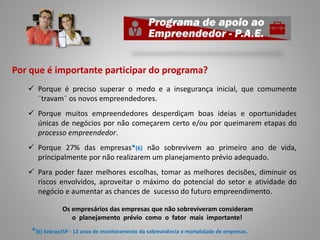 Por que é importante participar do programa?
 Porque é preciso superar o medo e a insegurança inicial, que comumente
¨travam¨ os novos empreendedores.
 Porque muitos empreendedores desperdiçam boas ideias e oportunidades
únicas de negócios por não começarem certo e/ou por queimarem etapas do
processo empreendedor.
 Porque 27% das empresas*(6) não sobrevivem ao primeiro ano de vida,
principalmente por não realizarem um planejamento prévio adequado.
 Para poder fazer melhores escolhas, tomar as melhores decisões, diminuir os
riscos envolvidos, aproveitar o máximo do potencial do setor e atividade do
negócio e aumentar as chances de sucesso do futuro empreendimento.
*(6) Sebrae/SP - 12 anos de monitoramento da sobrevivência e mortalidade de empresas.
Os empresários das empresas que não sobreviveram consideram
o planejamento prévio como o fator mais importante!
 
