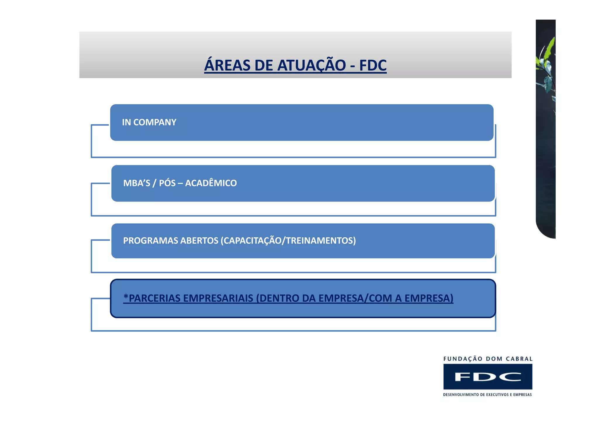 ÁREAS DE ATUAÇÃO - FDC


IN COMPANY




MBA’S / PÓS – ACADÊMICO




PROGRAMAS ABERTOS (CAPACITAÇÃO/TREINAMENTOS)




*PARCERIAS EMPRESARIAIS (DENTRO DA EMPRESA/COM A EMPRESA)
 