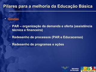 Pilares para a melhoria da Educação BásicaPilares para a melhoria da Educação Básica
• Gestão
– PAR – organização da demanda e oferta (assistência
técnica e financeira)
– Redesenho de processos (PAR e Educacenso)
– Redesenho de programas e ações
 
