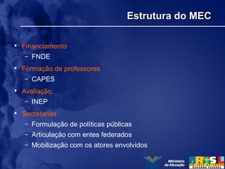 Estrutura do MECEstrutura do MEC
• Financiamento
– FNDE
• Formação de professores
– CAPES
• Avaliação
– INEP
• Secretarias
– Formulação de políticas públicas
– Articulação com entes federados
– Mobilização com os atores envolvidos
 