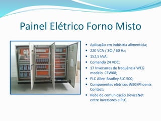 Painel Elétrico Forno Misto
 Aplicação em indústria alimentícia;
 220 VCA / 3Φ / 60 Hz;
 152,5 kVA;
 Comando 24 VDC;
 17 Inversores de frequência WEG
modelo CFW08;
 PLC Allen-Bradley SLC 500;
 Componentes elétricos WEG/Phoenix
Contact;
 Rede de comunicação DeviceNet
entre Inversores e PLC.
 