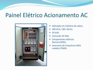 Painel Elétrico Acionamento AC
 Aplicação em indústria de cabos;
 440 VCA / 3Φ / 60 Hz;
 95 kVA;
 Comando 24 VDC;
 Componentes elétricos
Siemens/WEG;
 Inversores de Frequência WEG
modelo CFW09.
 