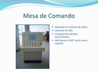Mesa de Comando
 Aplicação em indústria de cabos;
 Comando 24 VDC;
 Componentes elétricos
Eaton-Moeller;
 HMI Siemens 10,4” touch screen
colorida.
 