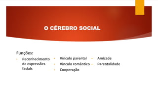 O CÉREBRO SOCIAL
Funções:
• Reconhecimento
de expressões
faciais
• Vínculo parental
• Vínculo romântico
• Cooperação
• Amizade
• Parentalidade
 