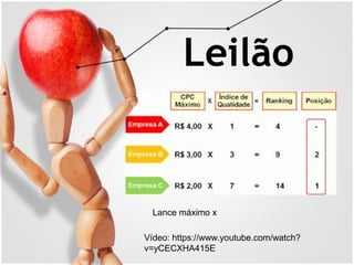 Leilão
Vídeo: https://www.youtube.com/watch?
v=yCECXHA415E
Lance máximo x
 