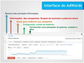 Interface do AdWords
Resumo das principais informações
Informações das campanhas: Grupos de anúncios e palavras-chave
Ideias para melhorar sua campanha
Configuração, criação de relatórios
Ferramentas como planejador de palavras, analytics e
afins
 