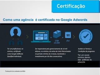Certificação
Como uma agência é certificada no Google Adwords
Ter um score
mínimo dentro
das politicas do
adwords
Fonte:print do conteúdo da M2br
 
