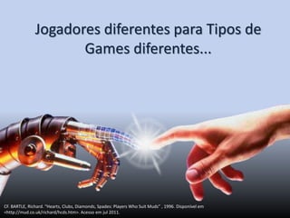 Jogadores diferentes para Tipos de
Games diferentes...
CF. BARTLE, Richard. “Hearts, Clubs, Diamonds, Spades: Players Who Suit Muds” , 1996. Disponível em
<http://mud.co.uk/richard/hcds.htm>. Acesso em jul 2011.
 