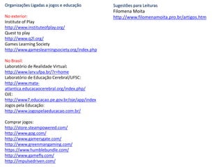 Organizações Ligadas a jogos e educação
No exterior:
Institute of Play
http://www.instituteofplay.org/
Quest to play
http://www.q2l.org/
Games Learning Society
http://www.gameslearningsociety.org/index.php
No Brasil:
Laboratório de Realidade Virtual:
http://www.larv.ufpa.br/?r=home
Laboratório de Educação Cerebral/UFSC:
http://www.mata-
atlantica.educacaocerebral.org/index.php/
OJE:
http://www7.educacao.pe.gov.br/oje/app/index
Jogos pela Educação:
http://www.jogospelaeducacao.com.br/
Comprar jogos:
http://store.steampowered.com/
http://www.gog.com/
http://www.gamersgate.com/
http://www.greenmangaming.com/
https://www.humblebundle.com/
http://www.gamefly.com/
http://impulsedriven.com/
Sugestões para Leituras
Filomena Moita
http://www.filomenamoita.pro.br/artigos.htm
 