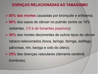  85% das mortes causadas por bronquite e enfisema;
 90% dos casos de câncer no pulmão (entre os 10%
restantes, 1/3 é de fumantes passivos);
 30% das mortes decorrentes de outros tipos de câncer
tabaco-relacionados (boca, laringe, faringe, esôfago,
pâncreas, rim, bexiga e colo do útero);
 25% das doenças vasculares (derrame cerebral,
trombose).
DOENÇAS RELACIONADAS AO TABAGISMO
 