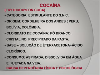 COCAÍNA
(ERYTHROXYLON COCA)
- CATEGORIA: ESTIMULANTE DO S.N.C.
- ORIGEM: CORDILHEIRA DOS ANDES ( PERU,
BOLÍVIA, COLÔMBIA.
- CLORIDATO DE COCAÍNA: PÓ BRANCO,
CRISTALINO, PRECIPITADO DA PASTA.
- BASE – SOLUÇÃO DE ÉTER+ACETONA+ÁCIDO
CLORÍDICO.
- CONSUMO: ASPIRADA, DISSOLVIDA EM ÁGUA
E INJETADA NA VEIA.
CAUSA DEPENDÊNCIA FÍSICA E PSICOLÓGICA
 