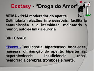 Ecstasy - “Droga do Amor”
MDMA - 1914 moderador do apetite.
Estimularia relações interpessoais, facilitaria
comunicação e a intimidade, melhoraria o
humor, auto-estima e euforia.
SINTOMAS:
Físicos - Taquicardia, hipertensão, boca-seca,
náuseas, diminuição do apetite, hipertermia,
hepatotoxidade, insuficiência renal,
hemorragia cerebral, trombose e morte.
 