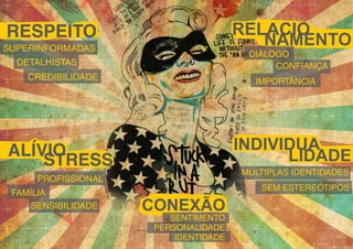 RELACIO
NAMENTO

RESPEITO
SUPERINFORMADAS

DIÁLOGO
CONFIANÇA

DETALHISTAS
CREDIBILIDADE

IMPORTÂNCIA

INDIVIDUA
LIDADE

ALÍVIO
STRESS

MÚLTIPLAS IDENTIDADES

PROFISSIONAL
FAMÍLIA
SENSIBILIDADE

SEM ESTEREÓTIPOS

CONEXÃO
SENTIMENTO
PERSONALIDADE
IDENTIDADE

 