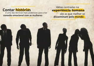 Contar histórias

é uma das técnicas mais poderosas para criar

conexão emocional com as mulheres

Idéias centradas na
experiência humana
são as que melhor se
disseminam pelo mundo

 