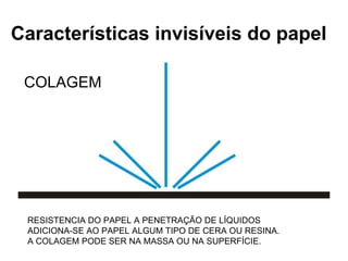 Características invisíveis do papel COLAGEM RESISTENCIA DO PAPEL A PENETRAÇÃO DE LÍQUIDOS ADICIONA-SE AO PAPEL ALGUM TIPO DE CERA OU RESINA. A COLAGEM PODE SER NA MASSA OU NA SUPERFÍCIE. 