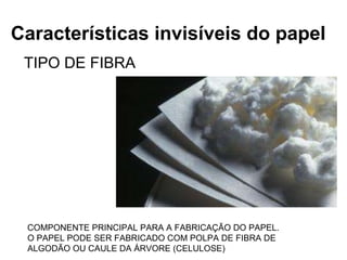 Características invisíveis do papel TIPO DE FIBRA COMPONENTE PRINCIPAL PARA A FABRICAÇÃO DO PAPEL. O PAPEL PODE SER FABRICADO COM POLPA DE FIBRA DE  ALGODÃO OU CAULE DA ÁRVORE (CELULOSE) 