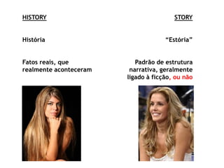 HISTORYHistóriaFatos reais, que realmente aconteceramSTORY“Estória”Padrão de estrutura narrativa, geralmente ligado à ficção, ou não