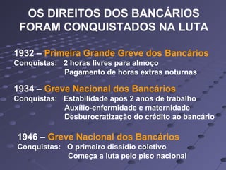 OS DIREITOS DOS BANCÁRIOS
FORAM CONQUISTADOS NA LUTA
1932 – Primeira Grande Greve dos Bancários
Conquistas: 2 horas livres para almoço
Pagamento de horas extras noturnas
1934 – Greve Nacional dos Bancários
Conquistas: Estabilidade após 2 anos de trabalho
Auxílio-enfermidade e maternidade
Desburocratização do crédito ao bancário
1946 – Greve Nacional dos Bancários
Conquistas: O primeiro dissídio coletivo
Começa a luta pelo piso nacional
 