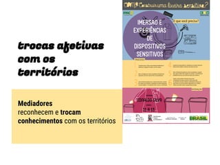 trocas afetivas
com os
territórios
Mediadores
reconhecem e trocam
conhecimentos com os territórios
 
