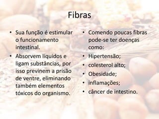 Fibras
• Sua função é estimular
o funcionamento
intestinal.
• Absorvem líquidos e
ligam substâncias, por
isso previnem a prisão
de ventre, eliminando
também elementos
tóxicos do organismo.
• Comendo poucas fibras
pode-se ter doenças
como:
• Hipertensão;
• colesterol alto;
• Obesidade;
• inflamações;
• câncer de intestino.
 