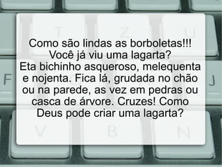 Como são lindas as borboletas!!! Você já viu uma lagarta? Eta bichinho asqueroso, melequenta e nojenta. Fica lá, grudada no chão ou na parede, as vez em pedras ou casca de árvore. Cruzes! Como Deus pode criar uma lagarta? 